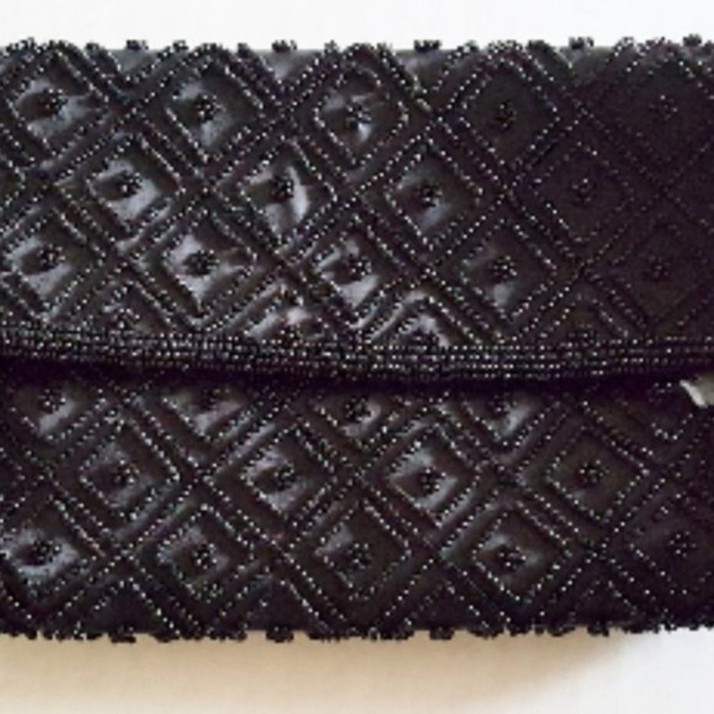 PURSE 1950's BLACK Snap Beaded Clutch Style w/Diam
